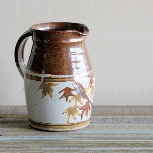 Vintage Farmhouse Pitcher Brown Tan Cream Stripe Leaf Autumn Leaves Country