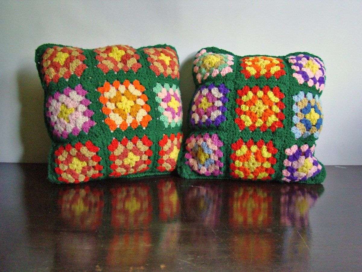 vintage pair of granny square throw pillows in green and brights