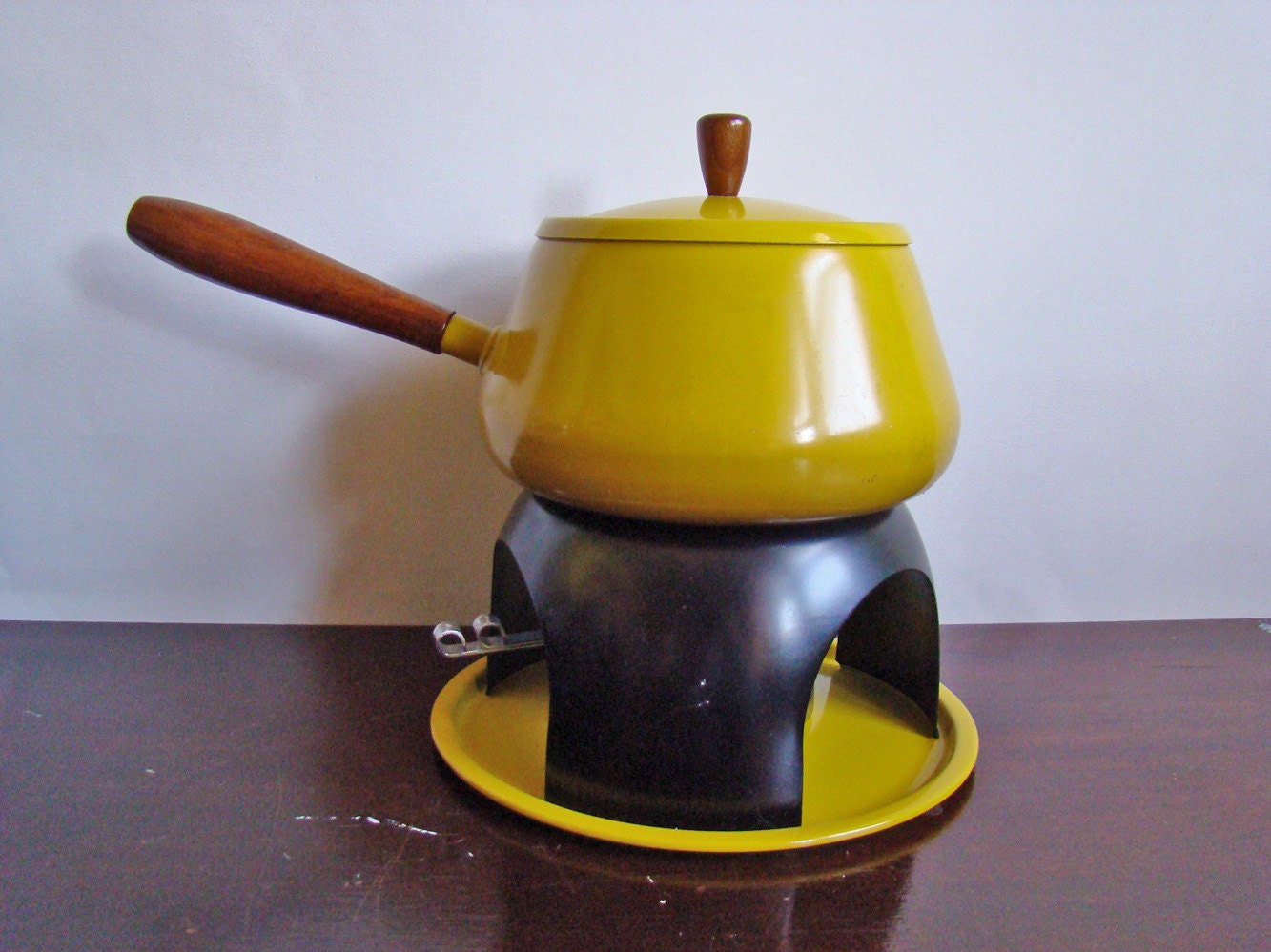 vintage bright yellow Mid-Century fondue pot set