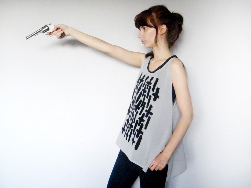 Cross Print Sheer Tank Top Occult Shirt Inverted Cross Geometric Abstraction Gray Chiffon Tunic Black Print