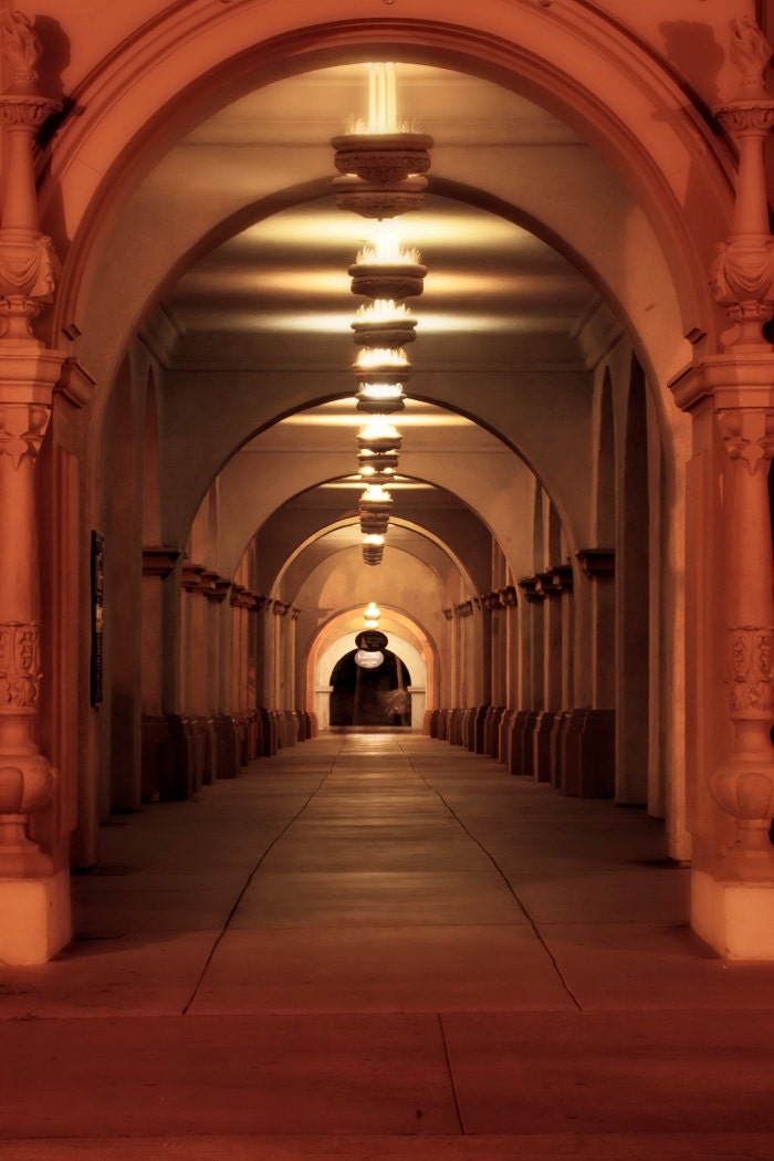 Architecture Photograph - Balboa Park, San Diego, Night, Arch, Hallway, Lines, Background, Brown, California, 8x10, Print, Photo, Fine Art