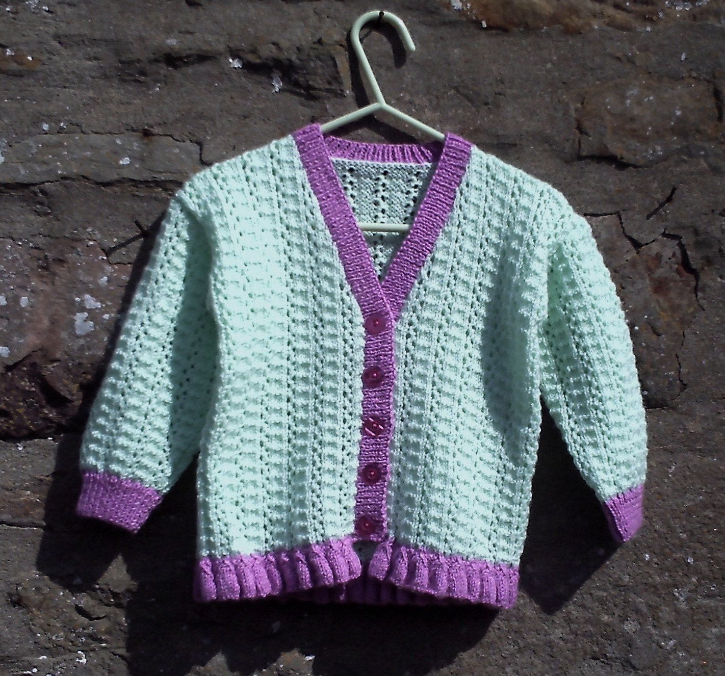 Hand knitted lacy girls cardigan. 22" chest.