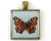 Butterfly Jewelry - Rust Yellow Blue Aqua Insect Charm Collage Square Brass Resin Nature Pendant