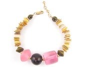 Pink Beaded Bracelet, Chunky Bead Seashell Pink and Tan Bracelet, Pink and Brown Bracelet