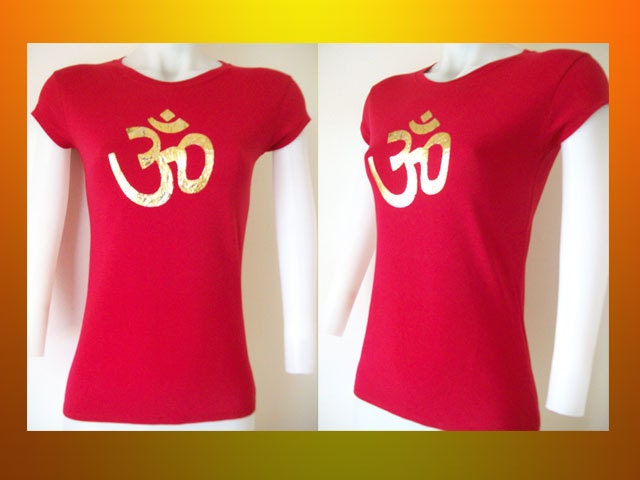 Womens / Juniors Red Fitted Top "Namaste Symbol" Gold Foil ...Size Small, Medium, Large, XL, 2XL, 3XL Zen Inspired