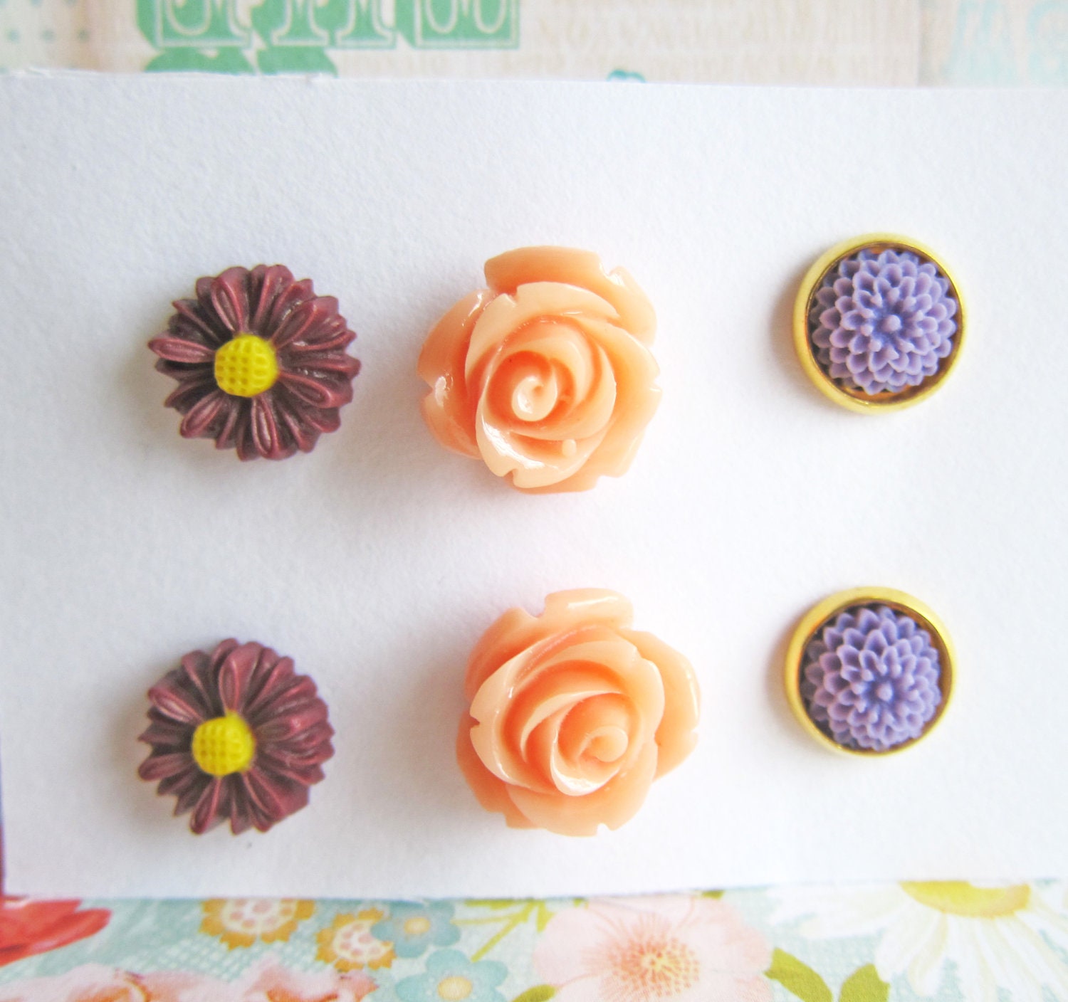 Floral Stud Post Earrings Set Floral Earrings Set Floral Studs Lot of 3 Flower Post Set Beige Pink Peach Orange Earrings