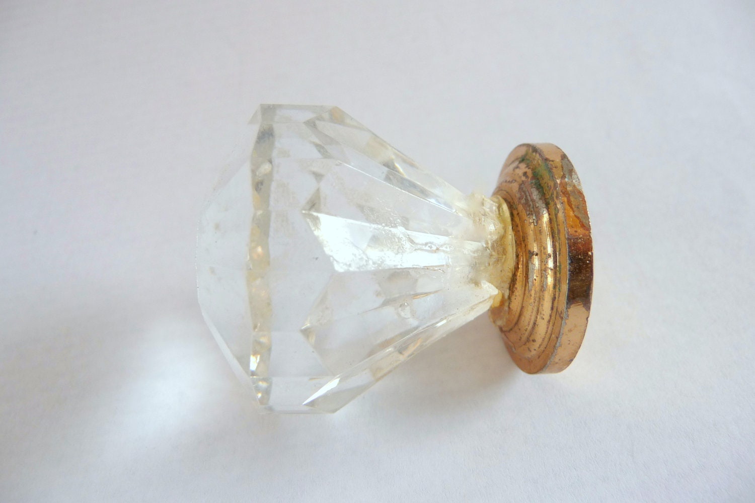 Vintage Acrylic Crystal Faceted Knob with Brass Base