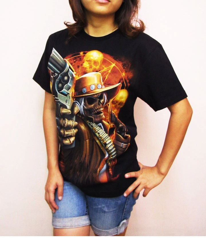 Ghost Gunner Skull Skeleton Devil T-Shirt Women short sleeve silk screen shirt Rock Punk Ghost Graphics Black R07 Size S