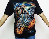 Demon motorcycle Skull Skeleton Devil T-Shirt Women short sleeve silk screen shirt Rock Punk Ghost Graphics Black R10 Size S