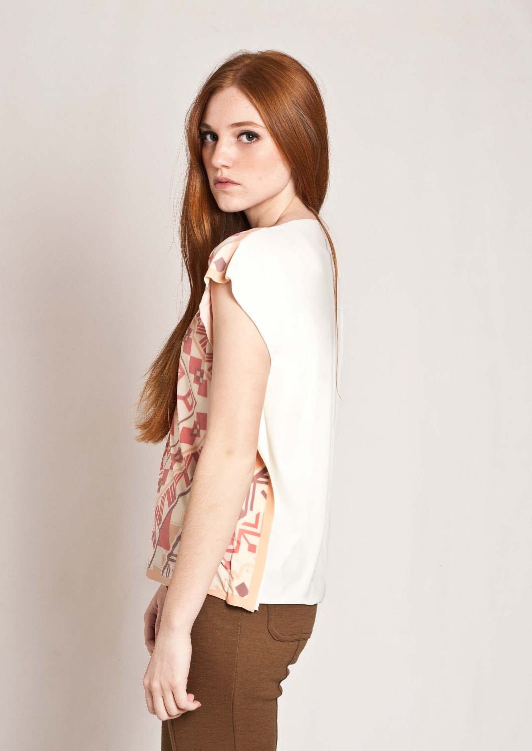 Coral Tunic top ethnic style, t-shirt, tribal printed design, reversible side, short batwing sleeves