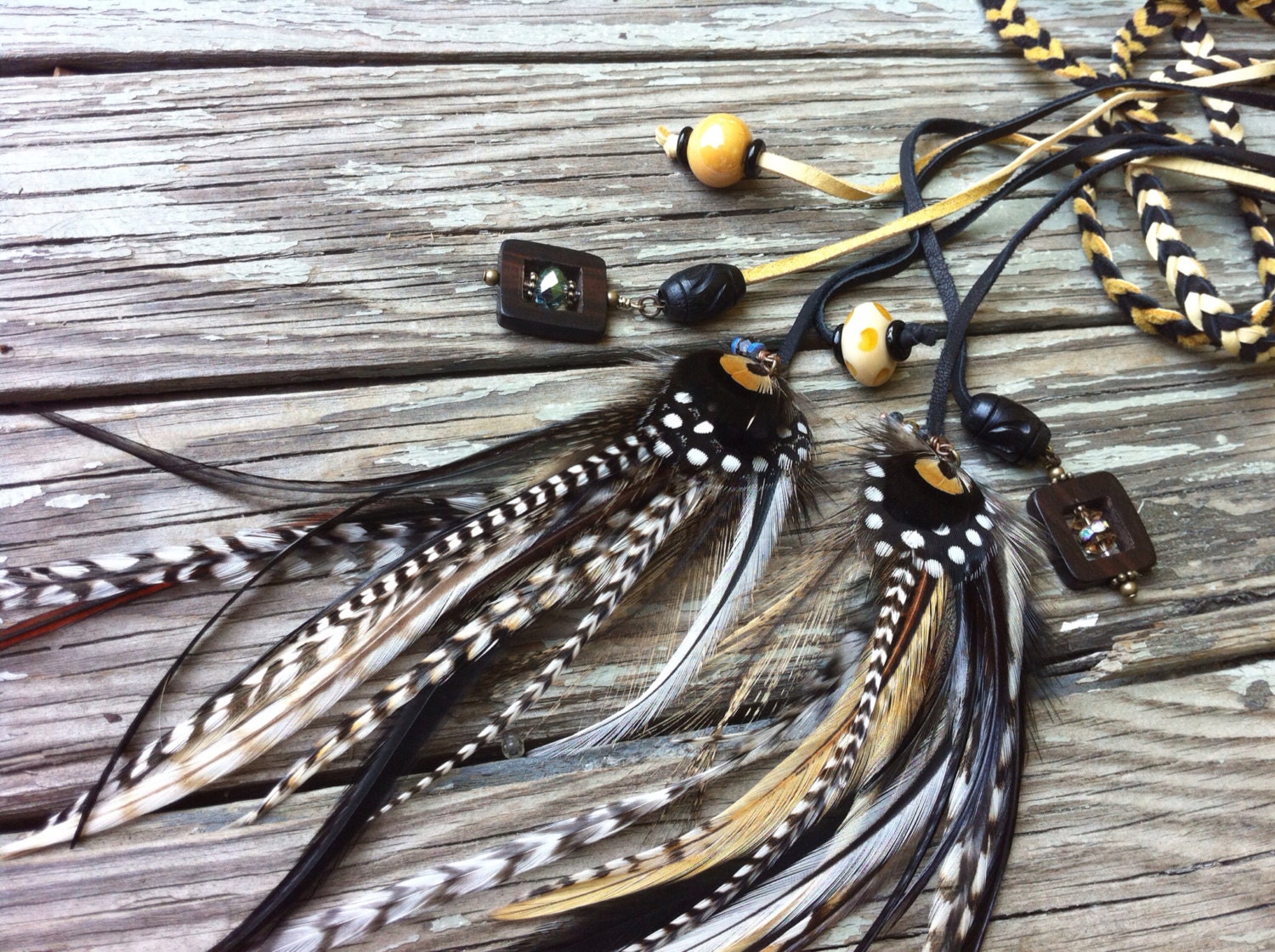 Stunning black cream gold and white chevron braided leather and feather headband belt lariat