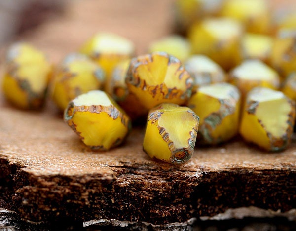 Autumn yellow beads, Picasso czech glass bicones - 8x6mm - 20Pc - 0415