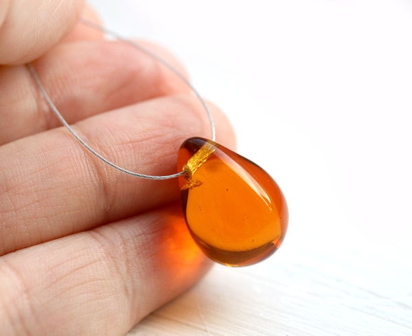 Brown Topaz Large czech teardrop Briolette bead, dark amber, glass focal bead - 15x20mm - 1Pc - 447