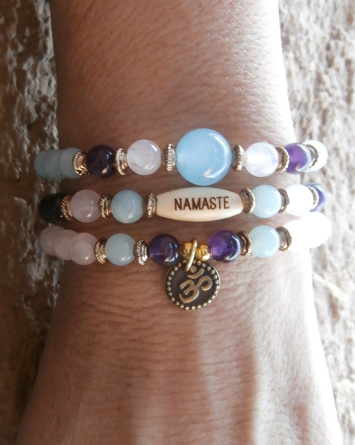 Set of 3 , Amethyst, Amazonite, Rose Quartz & Aquamarine guru bead with Om and Namaste bead, Meditation, Reiki Charged, free shipping