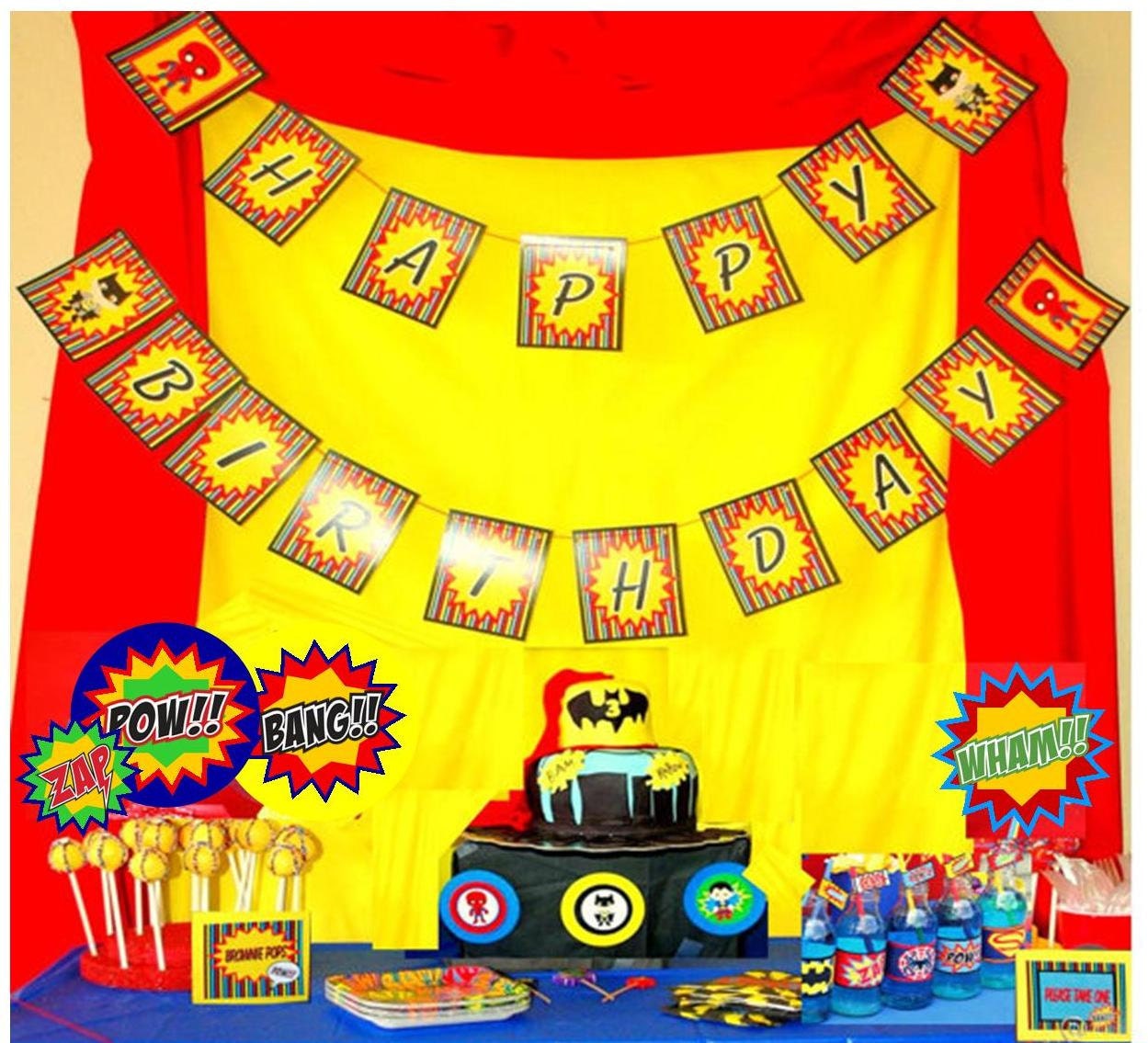 SUPER HERO Happy Birthday Banner / Bunting for Superheroes party for Spiderman, Superman, and Batman - INSTANT Download Il_570xn