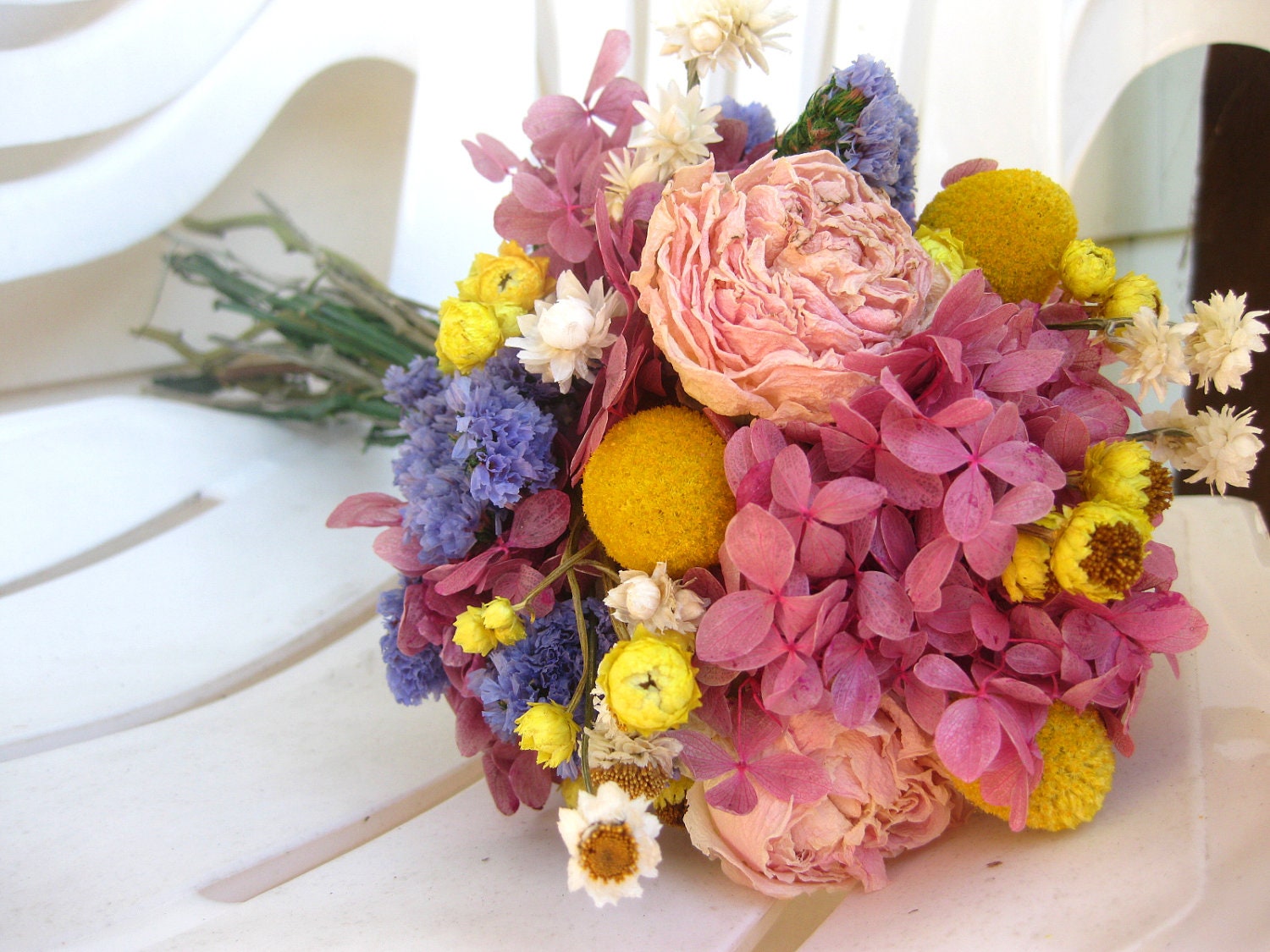 Bridal Bouquet with Naturally Dried Pink, Yellow, Purple Flowers for Country, Farm, Vintage Chic Wedding Eco-friendly Keepsake
