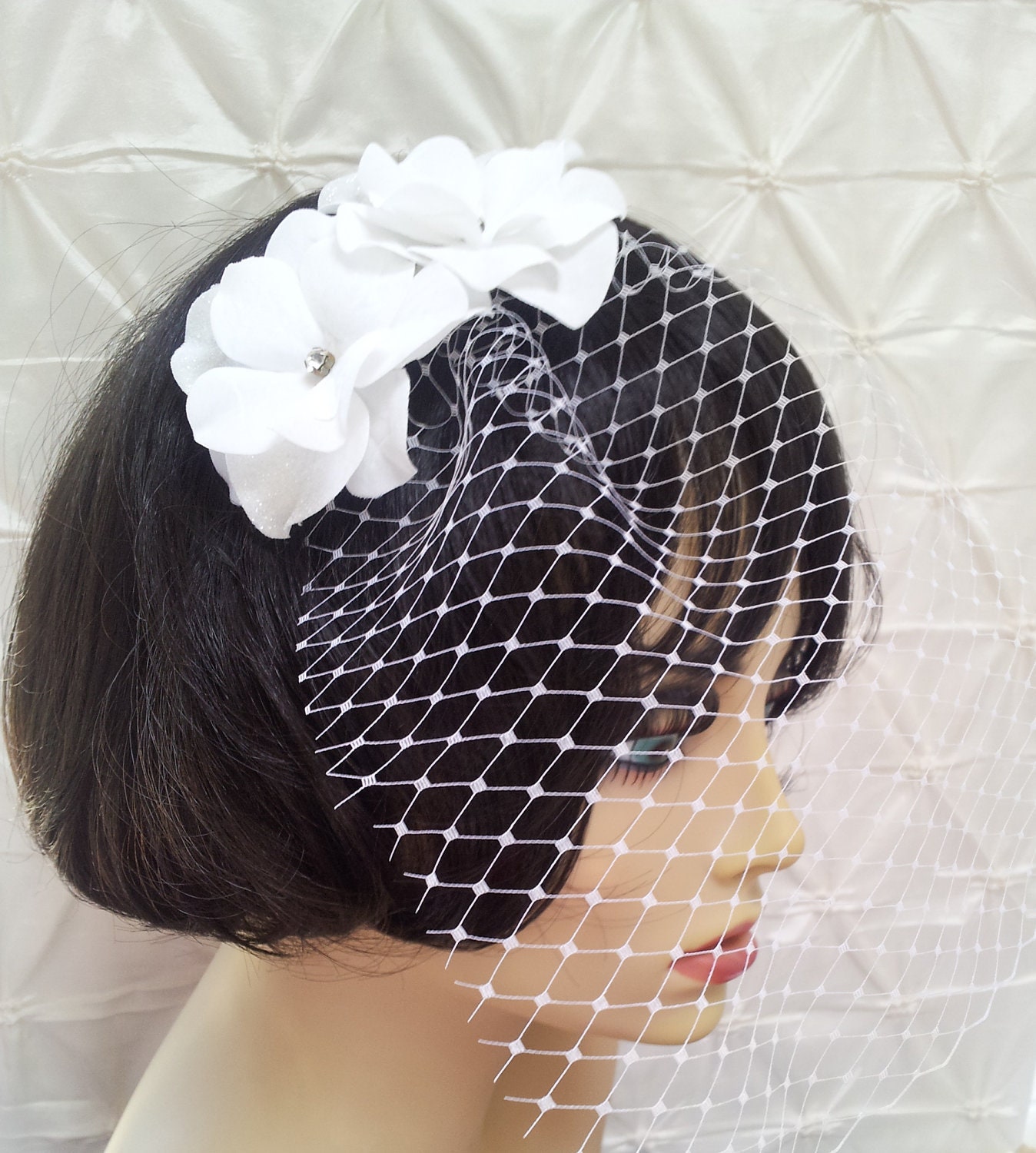 White Double Pansy Hair Comb with White Russian Netting- "Lady"