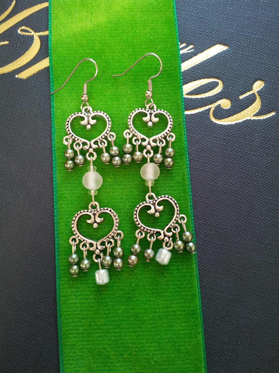 Silver Double Heart Beaded Pearl Chandelier Earrings- "Perla"