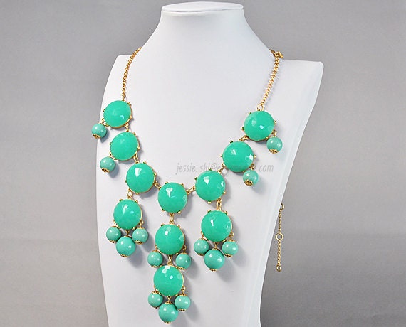 Bubble Necklace, Lake Blue Necklace, Gold Tone Necklace, Turquoise Green Necklace, Statement Necklace (FN0508-Turquoise Green)