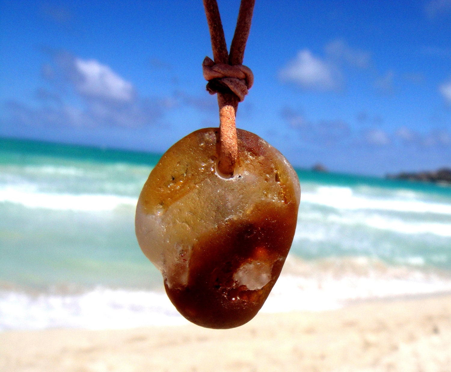 Hawaiian Very Unique and RARE Amber Brown & Clear Mutli-Color Bonfire Beach Glass on India Leather, completely adjustable, Necklace