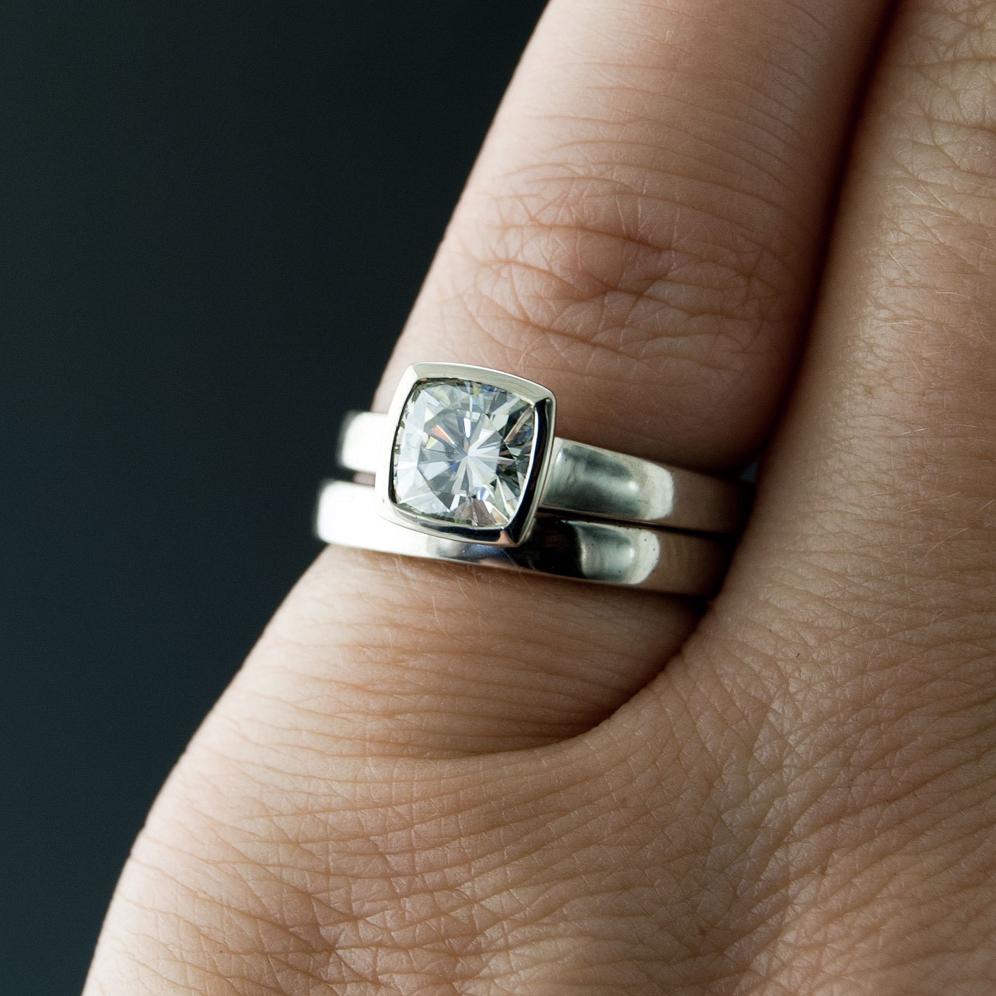 Moissanite Bezel Set Cushion Classic Solitaire Engagement Ring in Silver/Palladium
