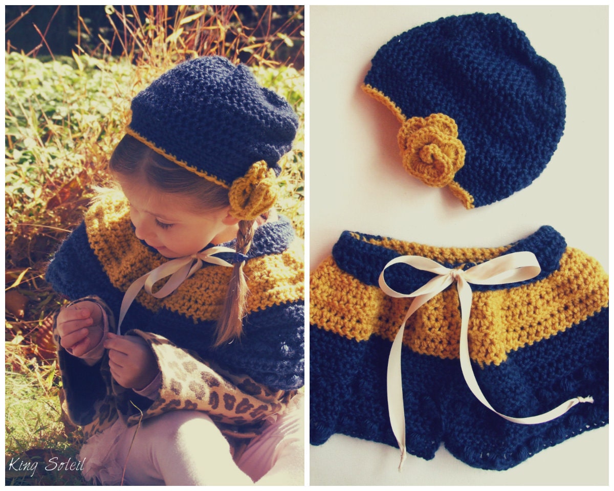 Kids Crochet Caplet Poncho and Slouchy Hat Set Navy and Mustard Yellow Peter Pan Collar Rose with Ivory Satin Ribbon Bow Autumn Winter Wear