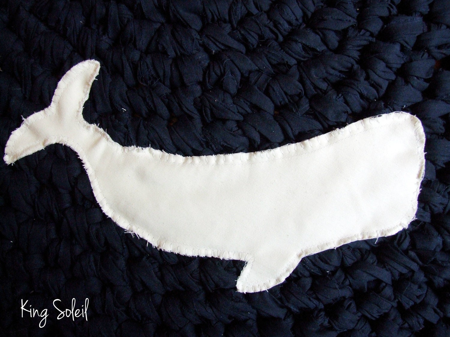 Crochet Whale Rug Nautical Navy Blue with White Applique Whale Silhouette Custom Design Cotton Round Rug