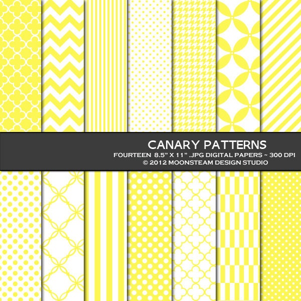 INSTANT DOWNLOAD Canary Yellow Digital Paper Backgrounds Scrapbooking Chevron Houndstooth Quatrefoil Commercial Use 8.5x11 12x12 A4