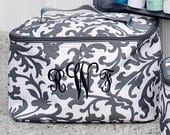 Personalized With Embroidery Large Grey and White Damask Print Cosmetic Bag