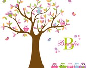 Kids Tree with 4 owls 7 birds and set of 4 FREE owls And child's name nursery vinyl wall decal