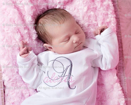 Baby Girl Custom Monogrammed Onesie or Gown - Initial and Name - Newborn thru 12 months - CHOOSE THREAD COLORS
