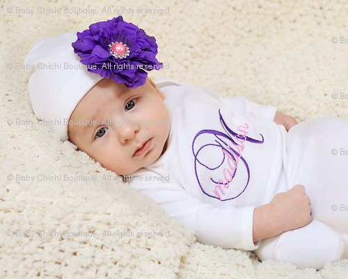 Baby Girl Infant Gown or Onesie with Beanie Hat and Purple Rhinestone Flower - Custom Monogrammed -Newborn thru 12 months