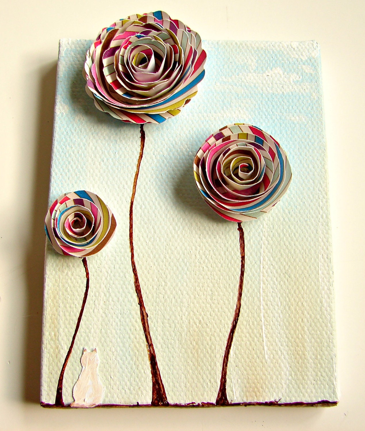 Mixed Media Art-Paper Rosette, Kitty Cat in the Garden-Nursery Art, Girls Room Decor, Wall Decor, Anniversary or Birthday Gift for Her