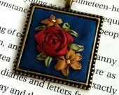 Blue and Red Beaded Embroidered Jewelry, Pendant Necklace - Silk Ribbon Embroidery by BeanTown Embroidery