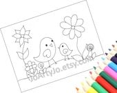 Coloring Page Printable PDF Instant Download, Cute Birds- Page 1