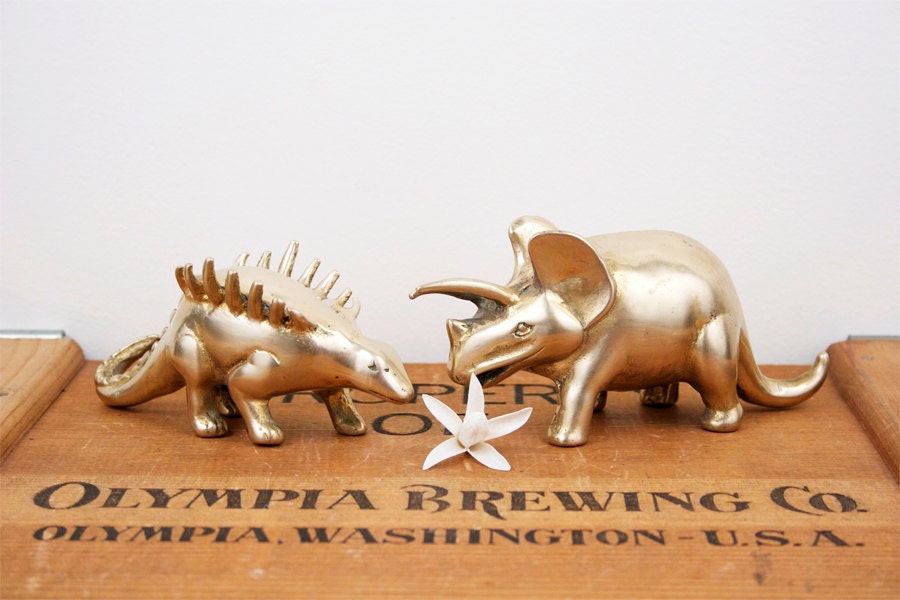 Reserved for Sue // vintage brass set of four dinosaur figurines