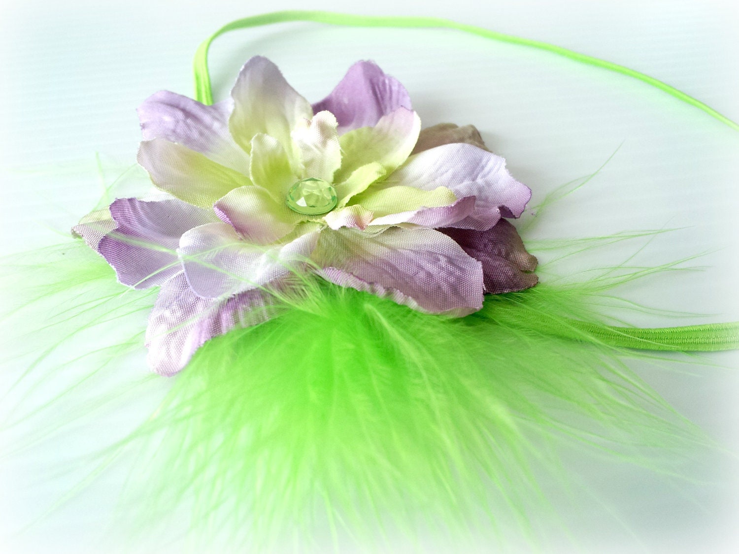 newborn photography prop-lime skinny elastic halo headband with lavender flower, baby shower gift,  baby photo prop