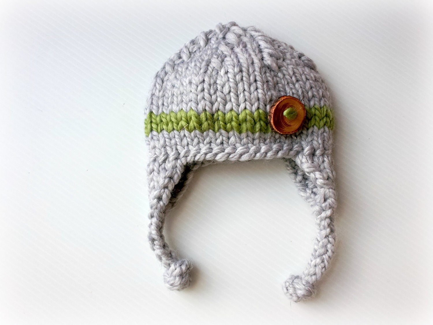 gray green stripe baby boy knitted hat, newborn photography prop, baby shower gift, baby photo prop, infant earflap beanie - PreciousLittleBaby