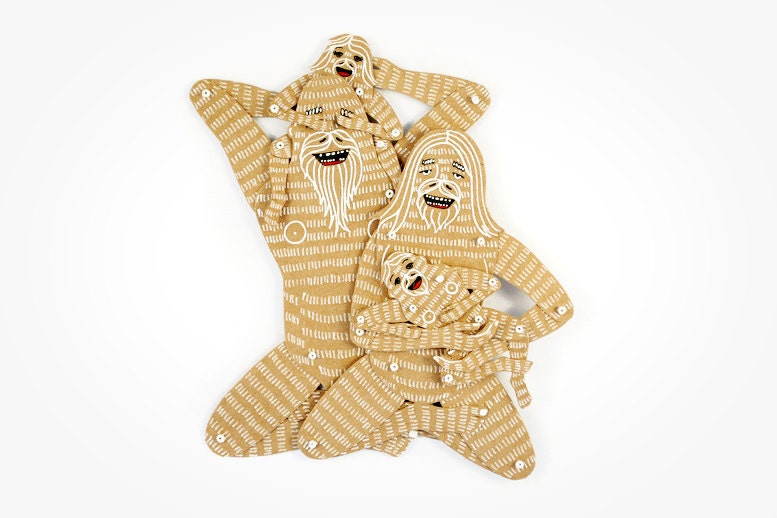 Yeti Family (4 members) - Articulated Paper Dolls by Dubrovskaya. Kraft paper, hand painted, MADE TO ORDER.