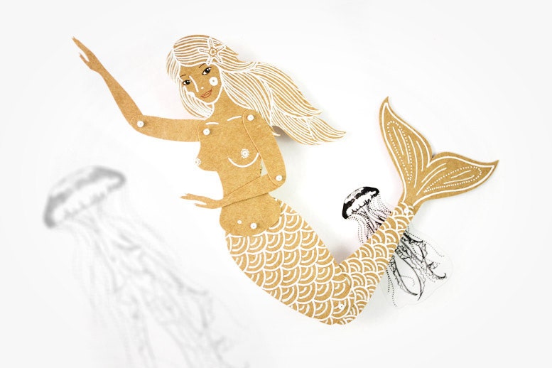 Mermaid - Articulated Paper Doll by Dubrovskaya. Kraft paper, hand painted, MADE To Order. - dubrovskaya