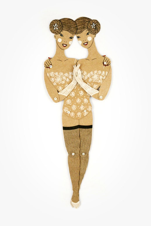 Siamese twins - Articulated Paper Doll by Dubrovskaya. Kraft paper, hand painted, MADE TO ORDER.