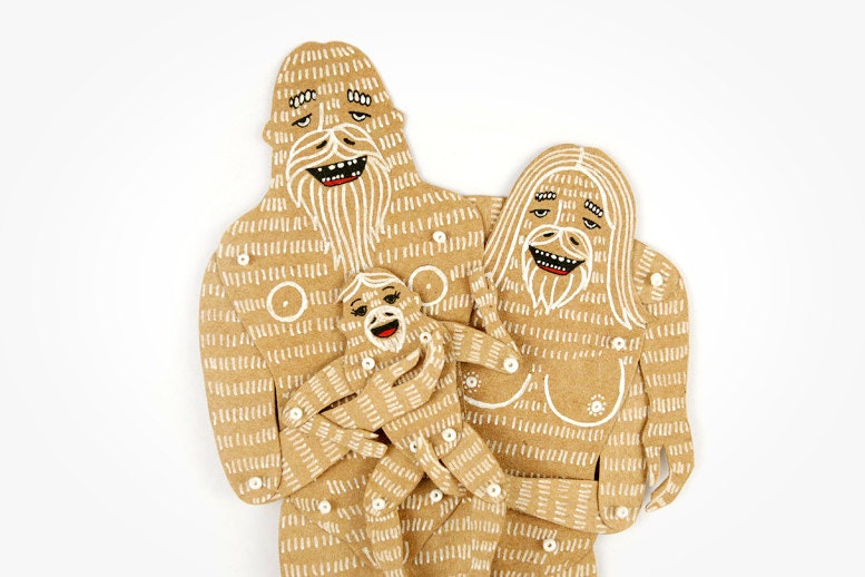 Yeti Family (3 members) - Articulated Paper Dolls by Dubrovskaya. Kraft paper, hand painted, MADE TO ORDER.