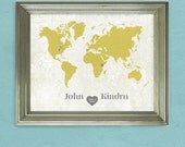 Personalized Wedding Gift World Map   -   Vintage Style  -   Customized Locations and Colors   -  12x18  Art Print