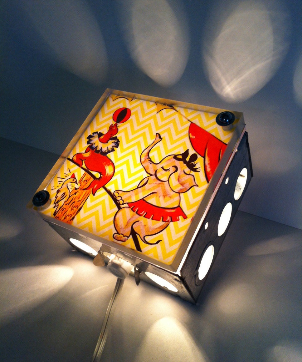 Yellow Chevron Print Circus Elephant - Repurposed Vintage Dictionary Print Design Night Light