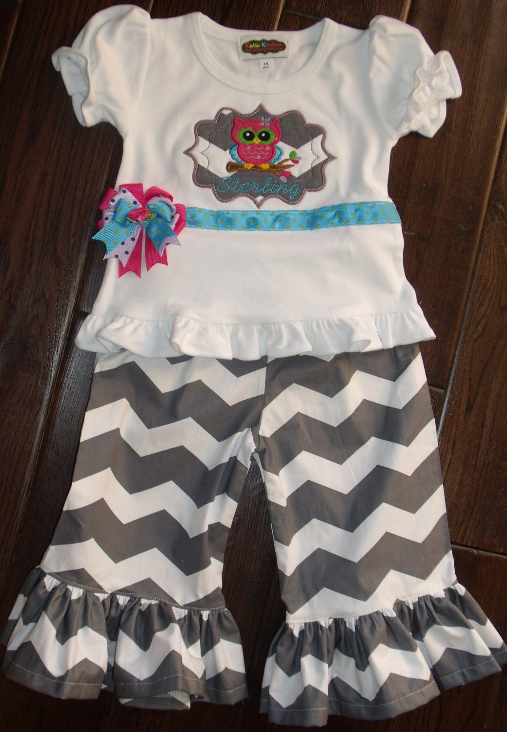 Boutique Owl Grey Chevron Pant and Ruffle Shirt Set Sizes 3M to 5T larger size upon request