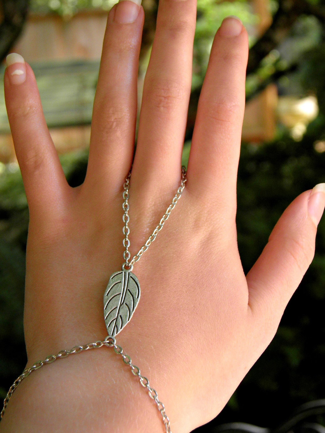 RESERVED Silver Slave Bracelet Ring Leaf Charm Ring Bracelet Hand Harness