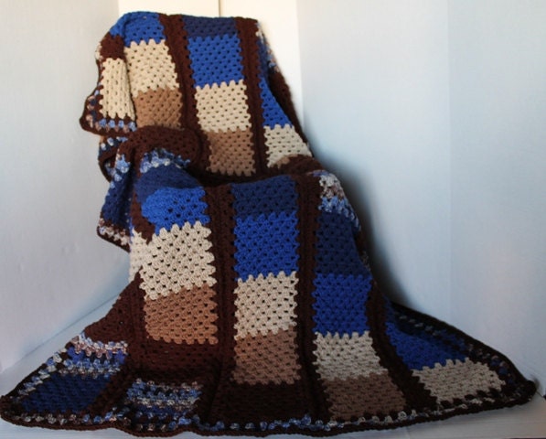 Panel Granny Square Afghan Blanket - Blues and Browns