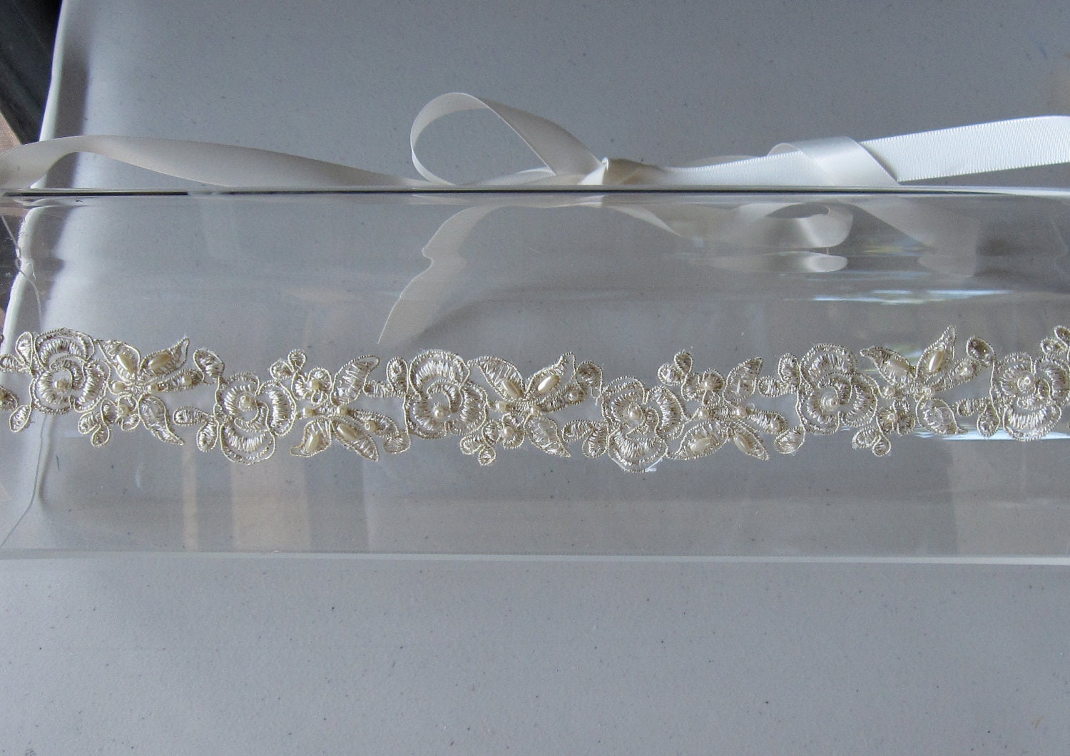 Champagne and Gold Lace Flower Halo Headband with Ivory Satin Ribbon Tie, for Bridal weddings, bridesmaid, parties, special occasions