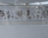Silver Embroidered Flower Pearl Halo Headband with Ivory Satin Ribbon Tie, for Bridal, weddings, parties, special occasions