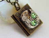 Steampunk book locket necklace - with vintage watch  movement and real Swarovski crystals. Gift under 35 dollars